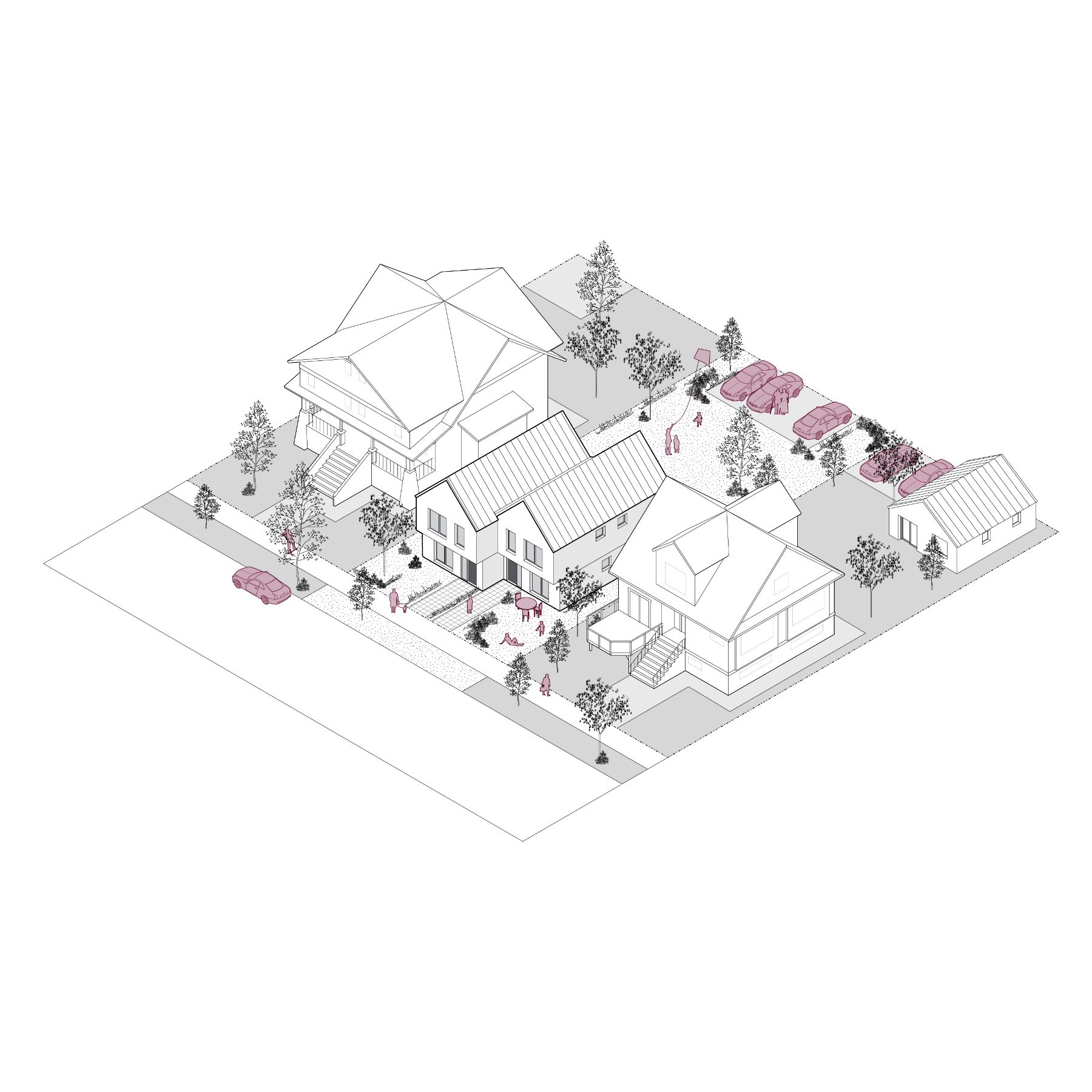Rendu filaire 3D de la maison en rangée 01, d’une superficie d’environ 1 200 pieds carrés par logement. L’image montre des maisons en rangée dans un quartier urbain typique, en mettant l’accent sur leur conception verticale et l’utilisation efficace de l’espace.